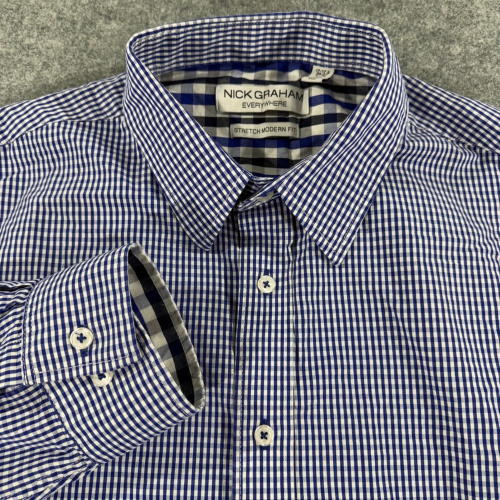 Nick Graham Everywhere‎ Mens XL 17-17.5 Blue Gingham Stretch Modern Fit Shirt